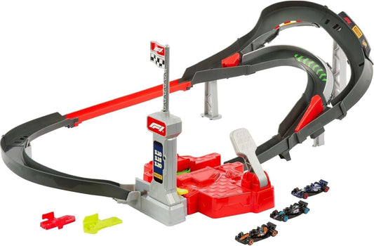 Hot Wheels Track Set Toy Cars, 3 Metal 1:64 Scale Formula 1 Vehicles: McLaren F1 Team, Alpine and VCARB, High Speed Race Circuit One on One