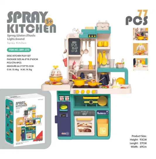 77Pcs Big Kitchen Play Set for Kids | Realistic Cooking Toy with Spray & Boiling Water Effect, Lights & Sounds | Safe Circular Arc Design & Fun Accessories for Pretend Play