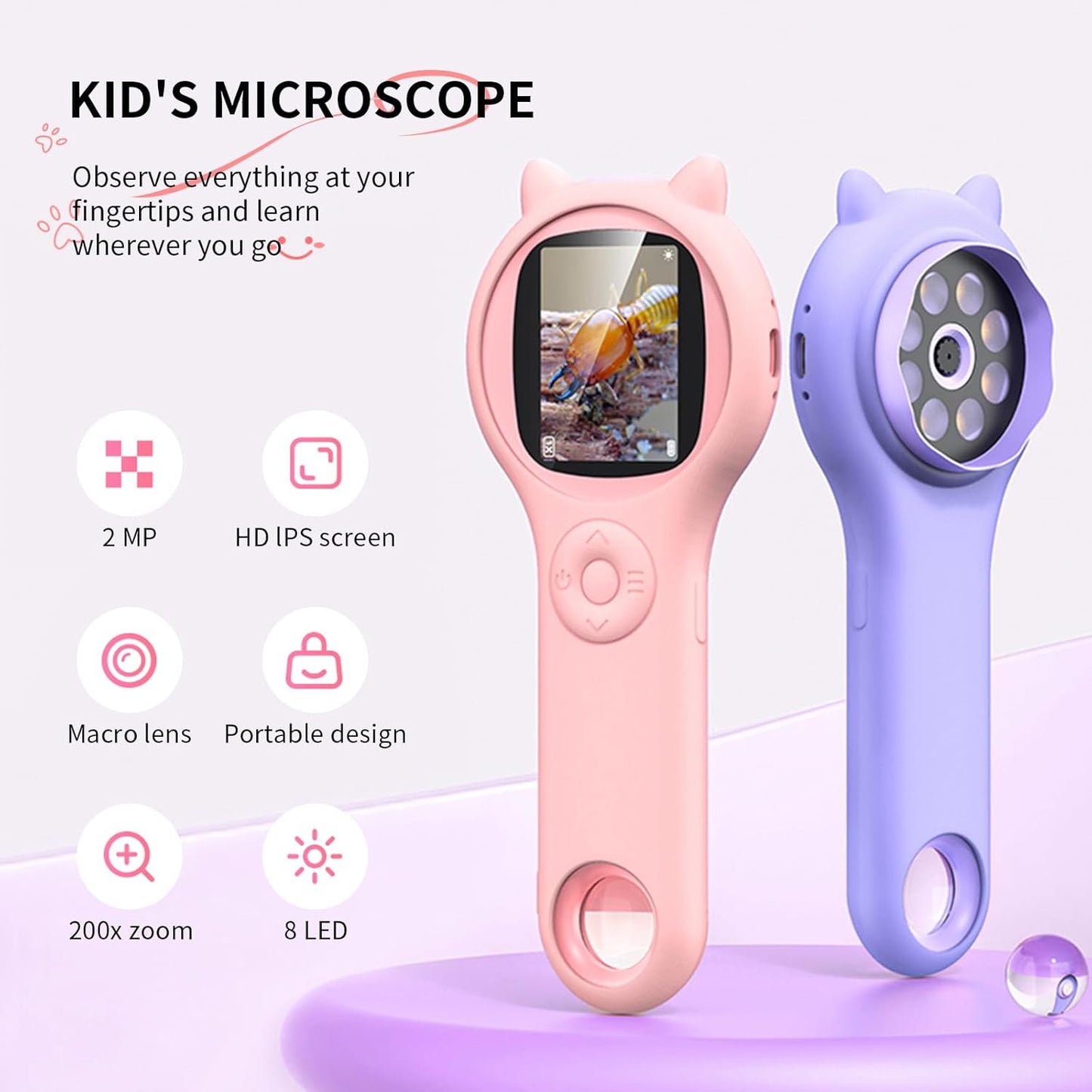 Kids Digital Microscope - 2000x Magnification, HD Display