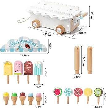 Wooden Ice Cream Cart - Colourful Ice Cream & Popsicle Toy Playset