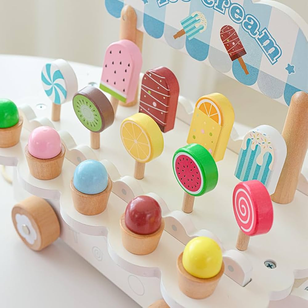 Wooden Ice Cream Cart - Colourful Ice Cream & Popsicle Toy Playset