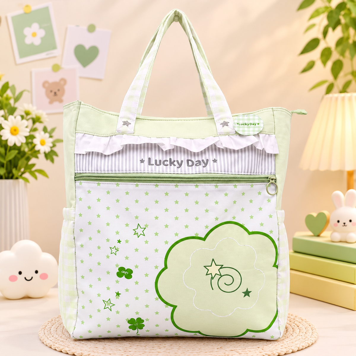 Cute Pastel Green Star Print Tote Bag