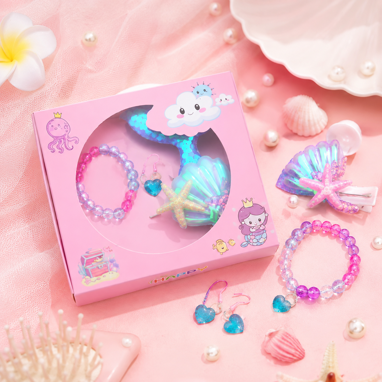 Kids Mermaid Hair Accessories & Jewelry Gift Set | Cute Princess Gift Box