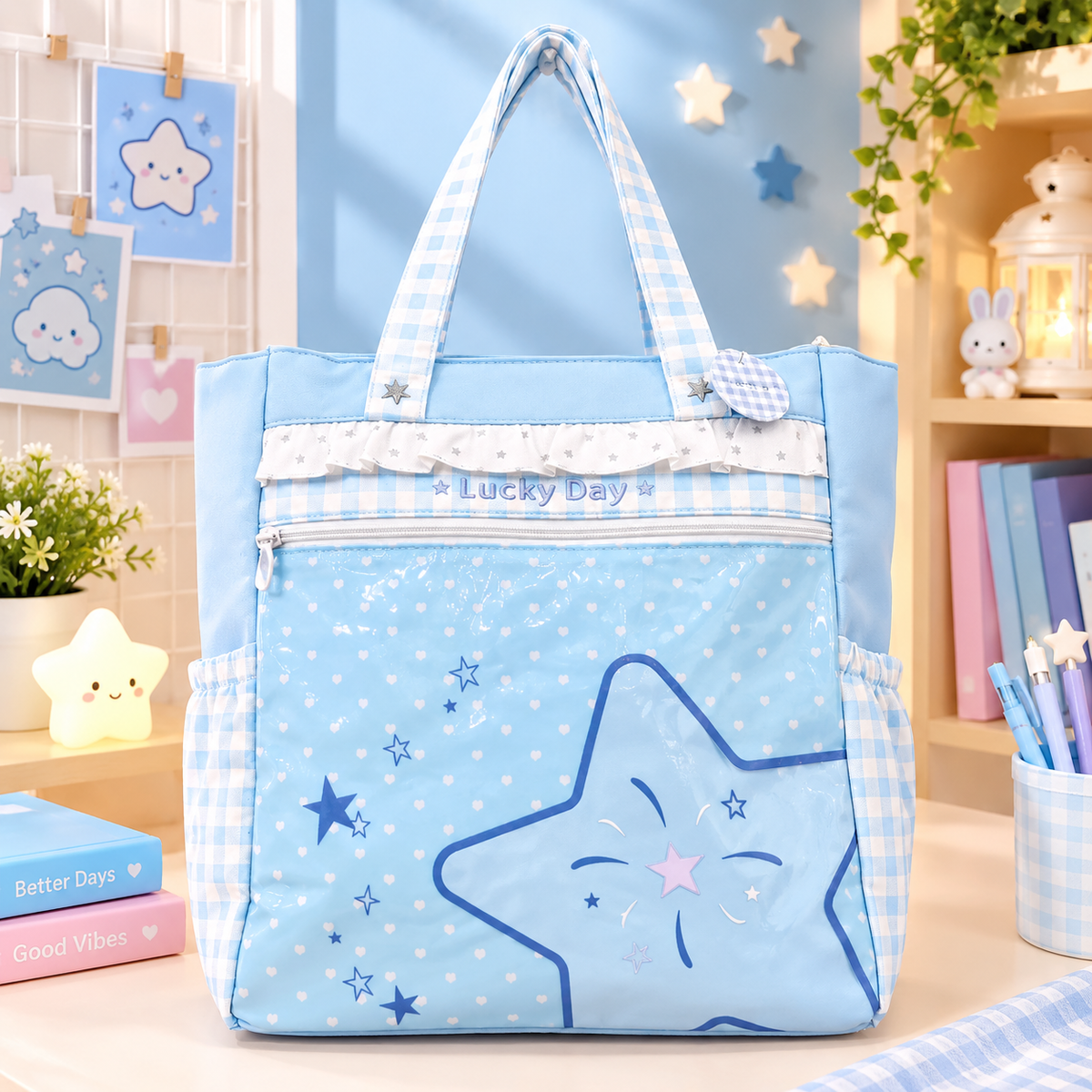 Cute Pastel Blue Star Print Tote Bag