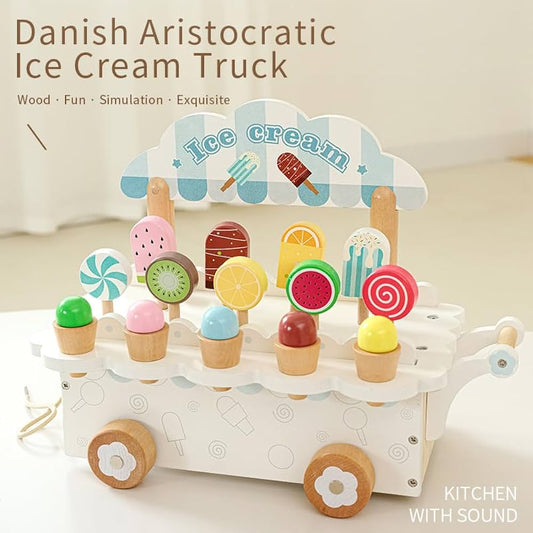 Wooden Ice Cream Cart - Colourful Ice Cream & Popsicle Toy Playset
