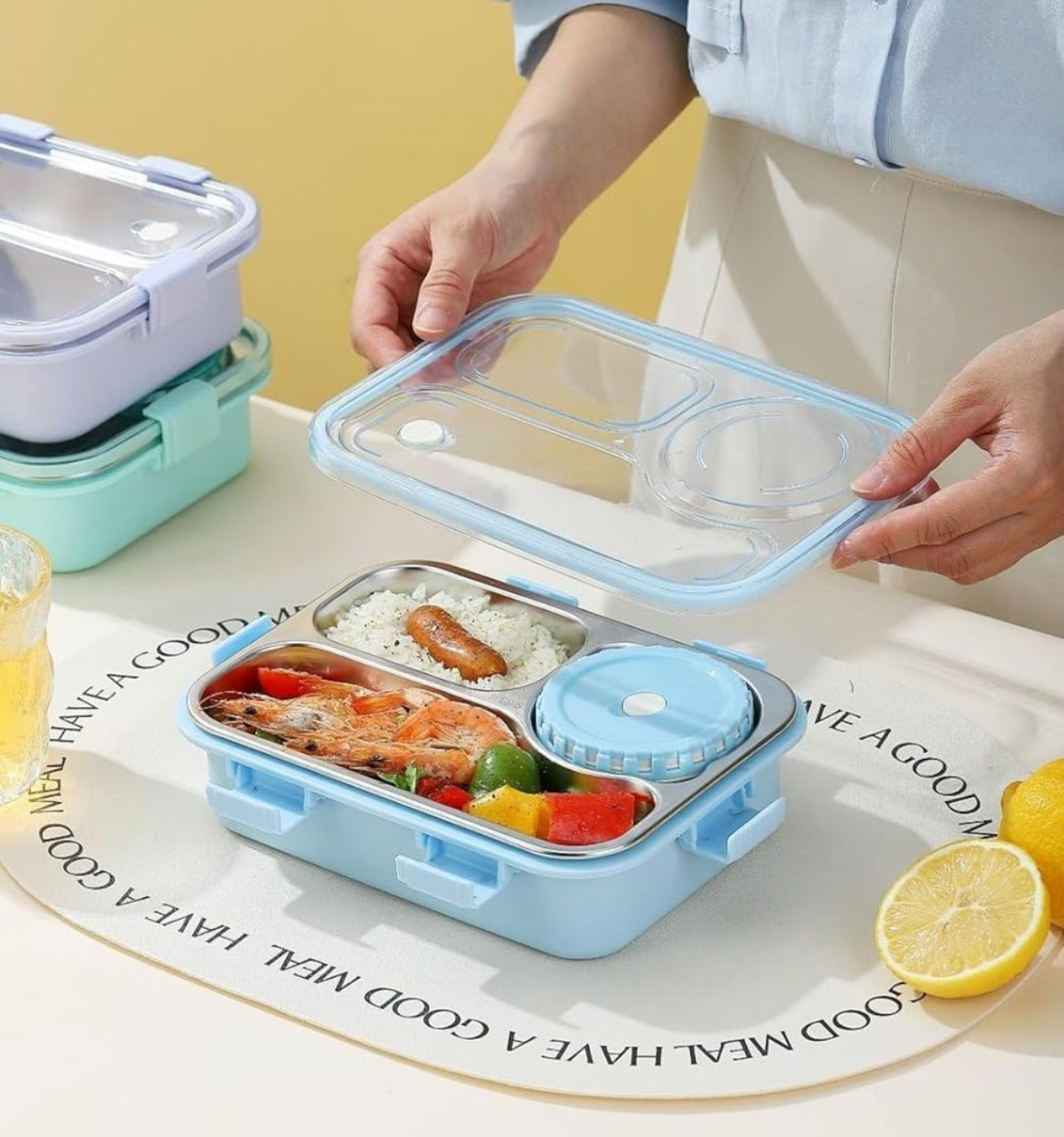 Pastel Lunchbox with 3 Compartments : For Kids and Teenagers