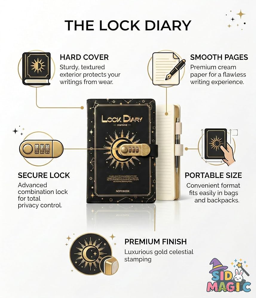 Starshine  Lock Diary: Premium Hardcover Journal with Combination Lock & Gold Design