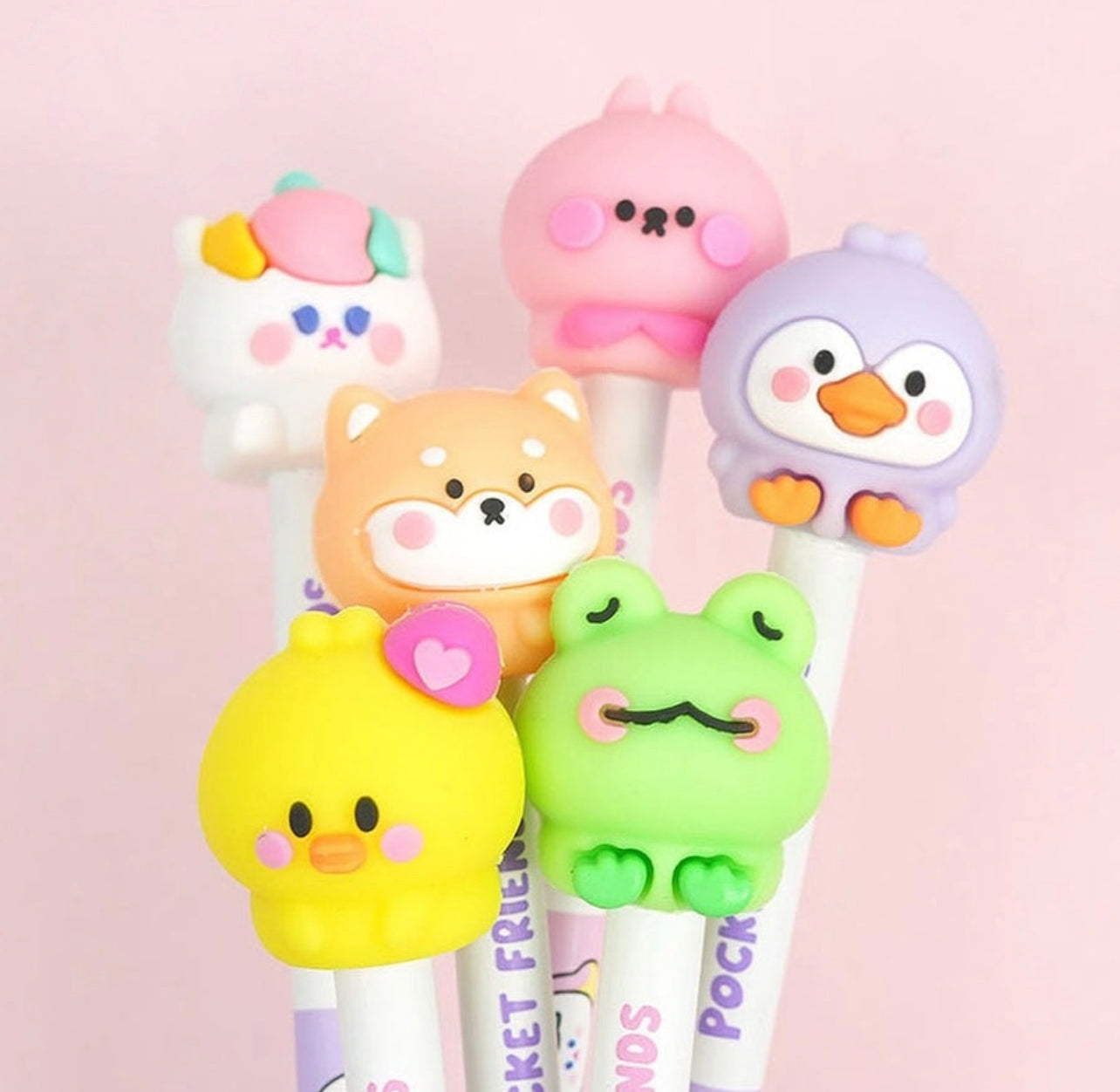 Charming Kawaii Baby Animal Design Toppers with Pencil - Set of 6