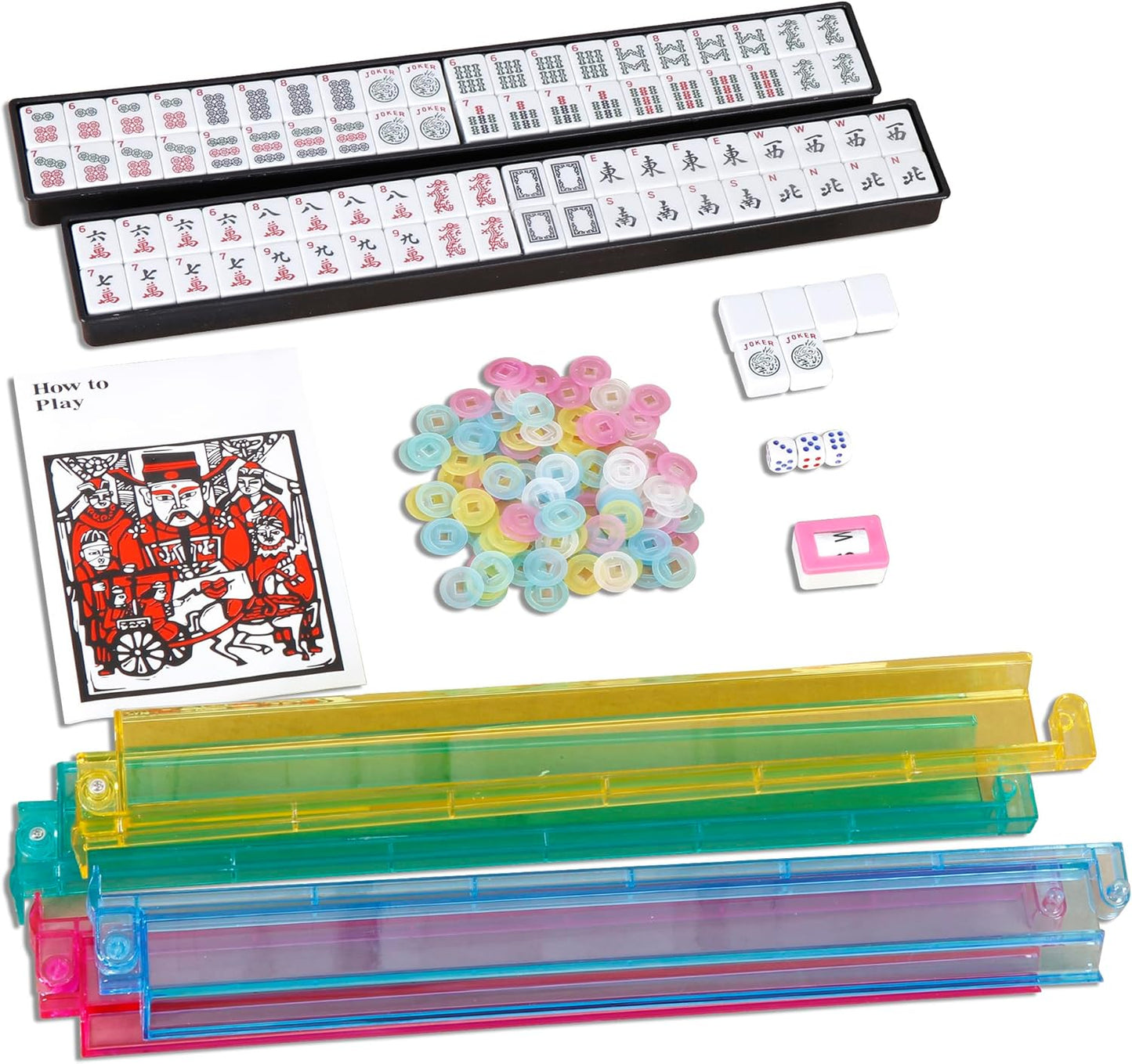 American Mahjong Set - 166 Tiles, 4 Colors All-in-One Rack/Pushers