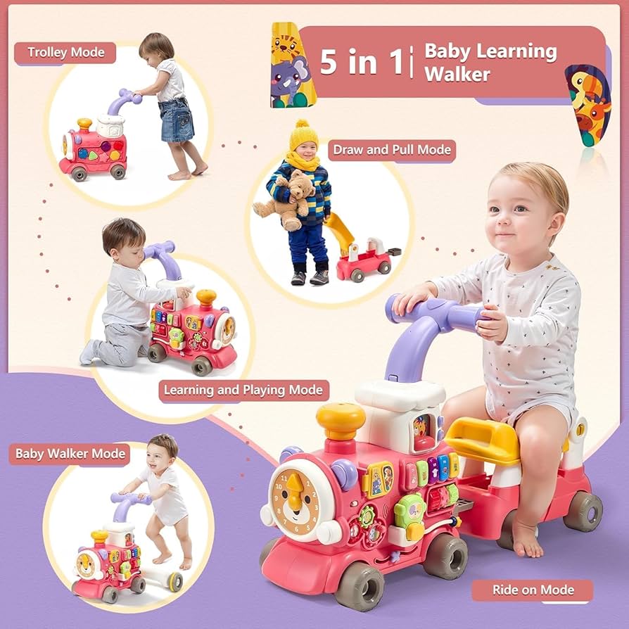 Baby Walker 5 in 1 | Steam Train Walker with Light Music for Riding, Pulling,Pushing for Babies