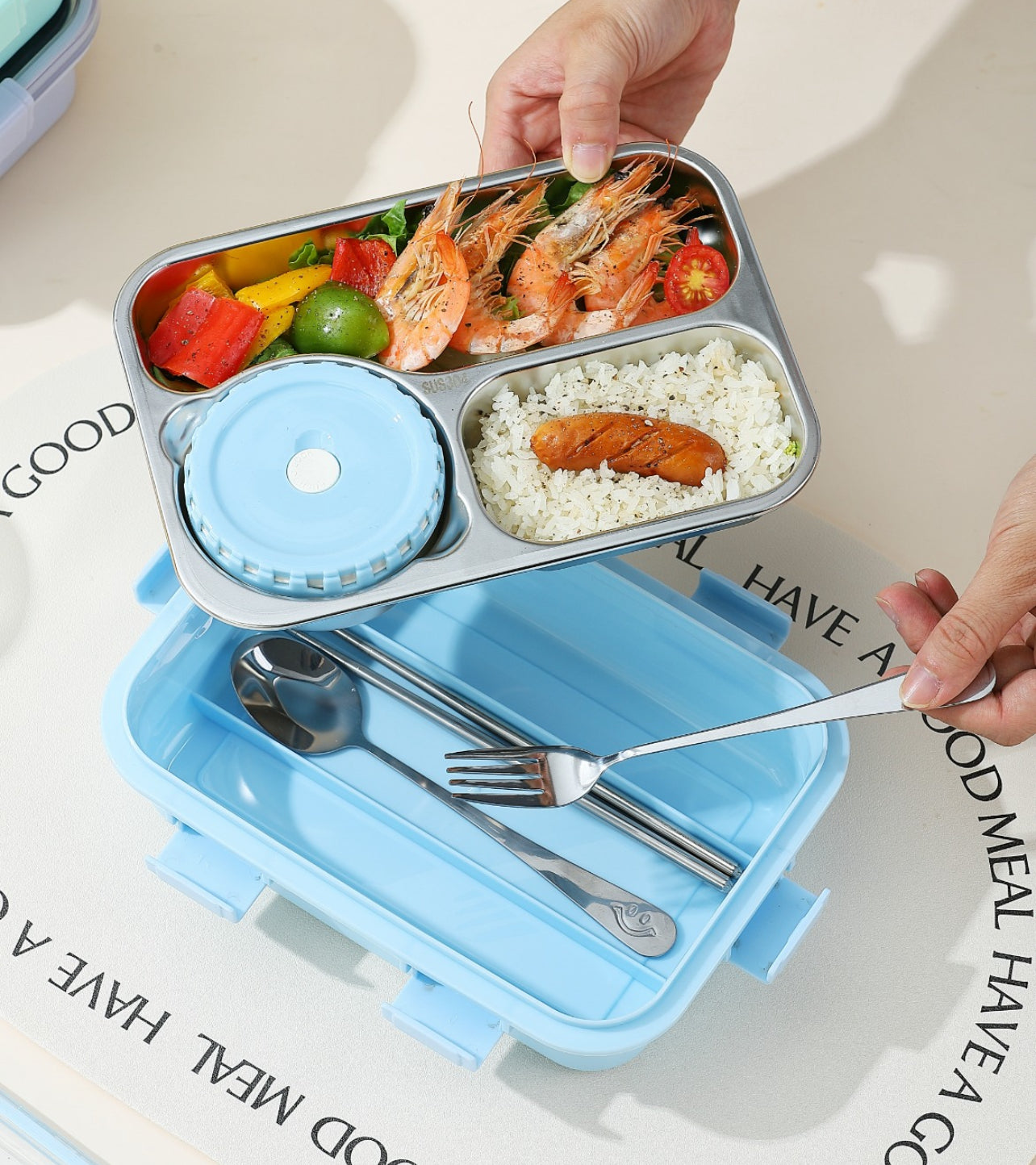 Pastel Lunchbox with 3 Compartments : For Kids and Teenagers