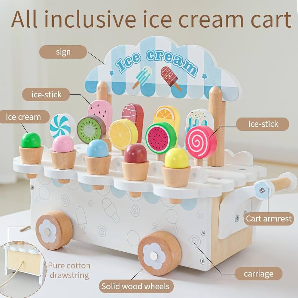 Wooden Ice Cream Cart - Colourful Ice Cream & Popsicle Toy Playset