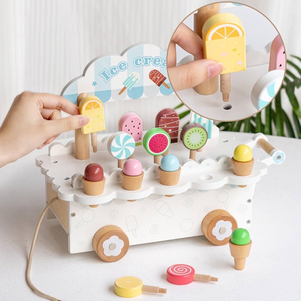 Wooden Ice Cream Cart - Colourful Ice Cream & Popsicle Toy Playset