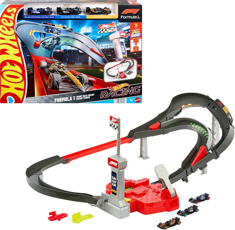 Hot Wheels Track Set Toy Cars, 3 Metal 1:64 Scale Formula 1 Vehicles: McLaren F1 Team, Alpine and VCARB, High Speed Race Circuit One on One
