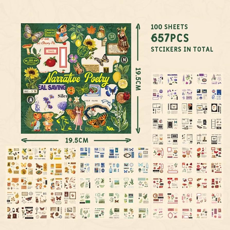 Vintage Narrative Poetry Stickers - 100 Sheets | 640pcs