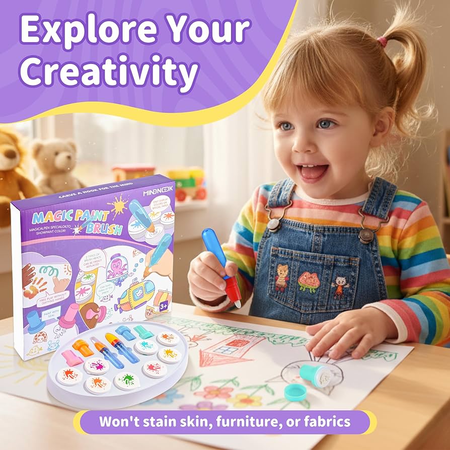 Magic Brush Painting Set - Mess Free Art Station with Color-Changing Brush