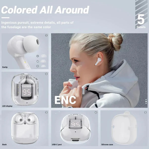 Wireless Bluetooth Earbuds Transparency LED Display and Fast