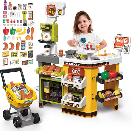 Kids Supermarket Play Set - Shopping Cart, Scanner & Cash Register | Pretend Play Grocery Store