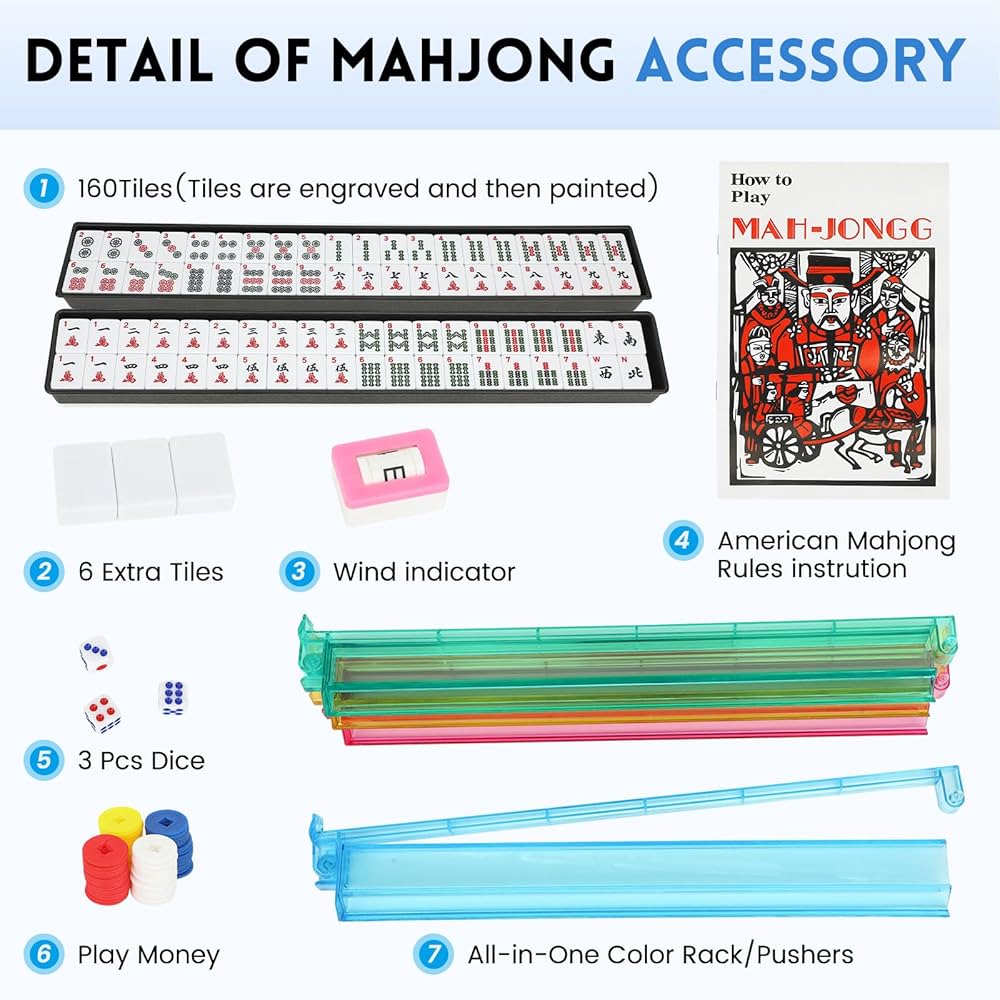 American Mahjong Set - 166 Tiles, 4 Colors All-in-One Rack/Pushers