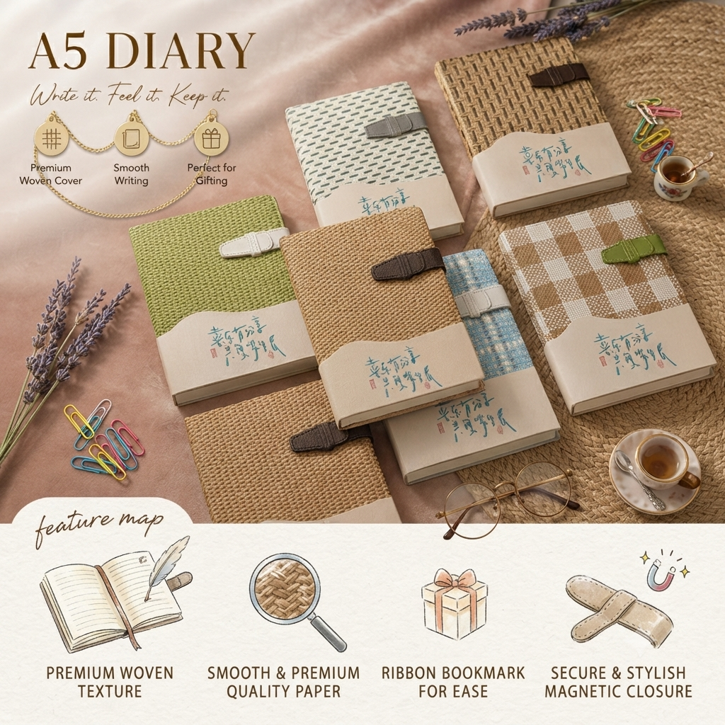 A5 Woven Cover Diary with Magnetic Closure