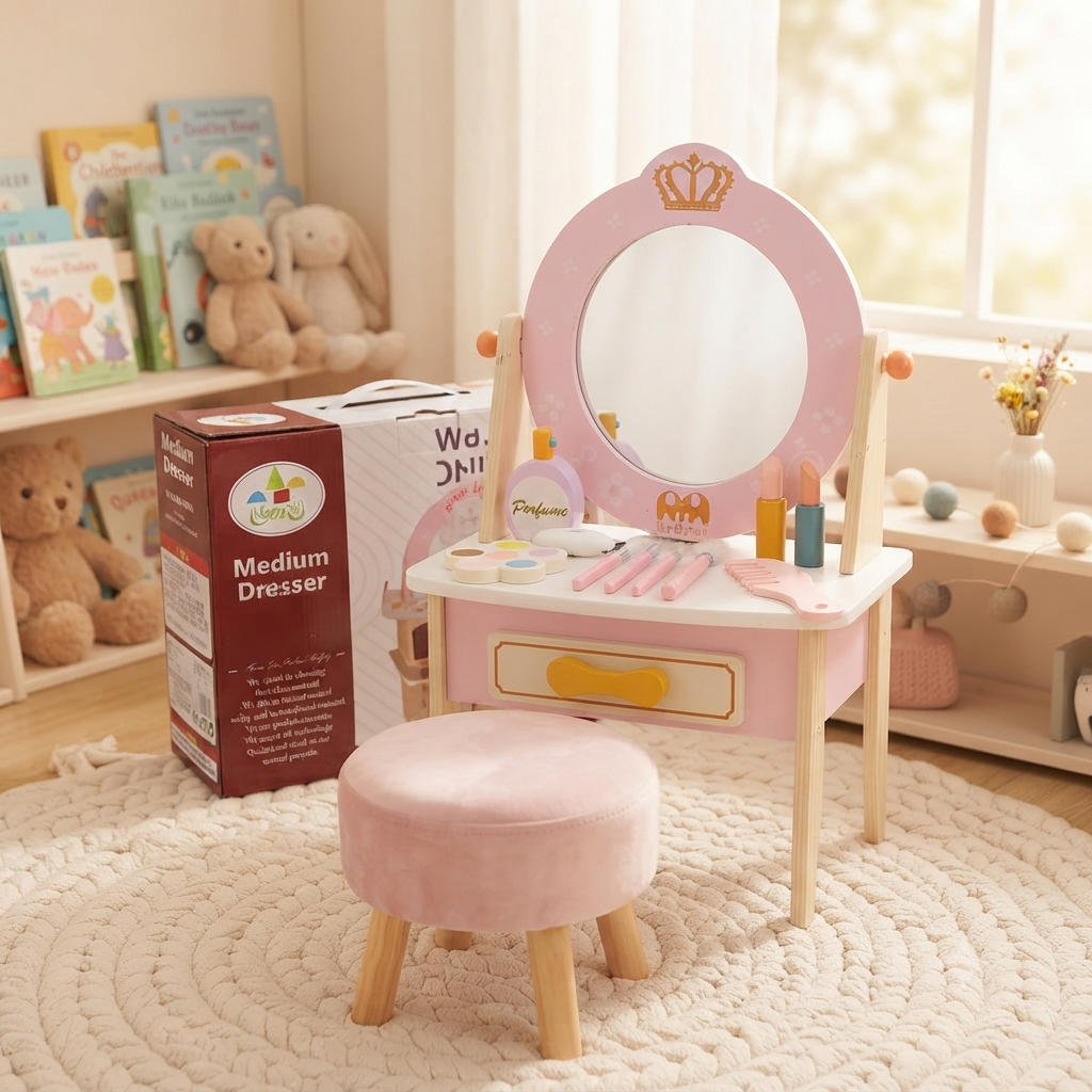 Kids Wooden Princess Vanity Dressing Table with Mirror