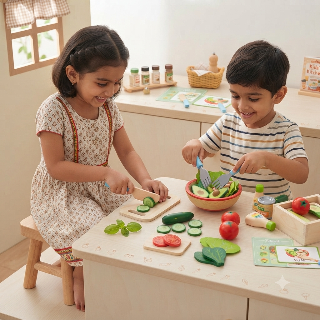 Kids Wooden Salad Kitchen Pretend Play Food Set