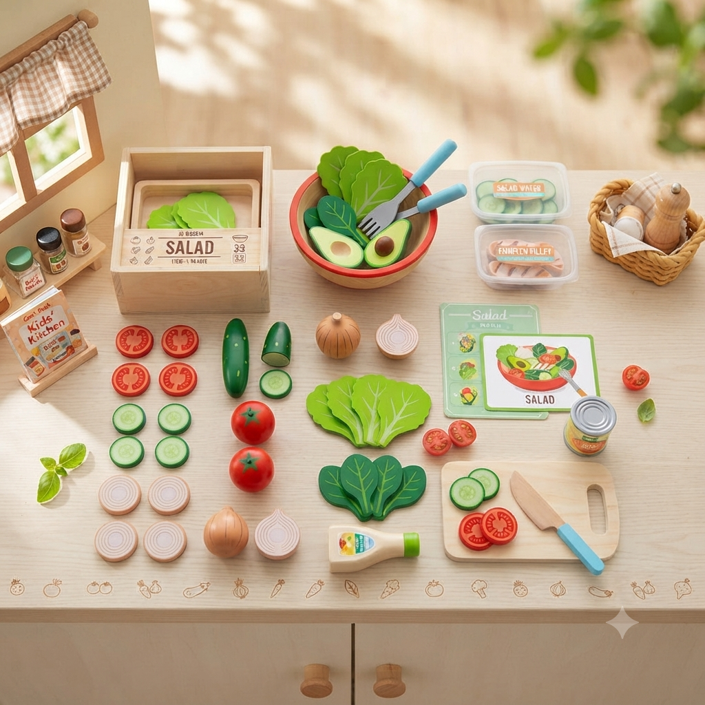 Kids Wooden Salad Kitchen Pretend Play Food Set