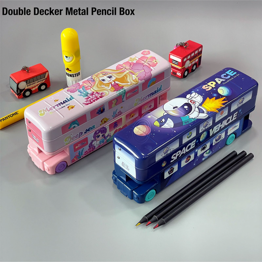 Double Decker London Bus Metal Pencil Box with Moving Tyres and Sharpner